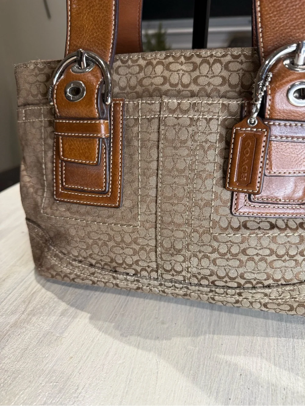 Coach SoHo Mini C Brown Signature Canvas Small Tote with Leather Trim